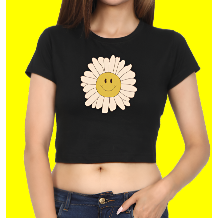 Smiling Flower Casual Black Crop Top