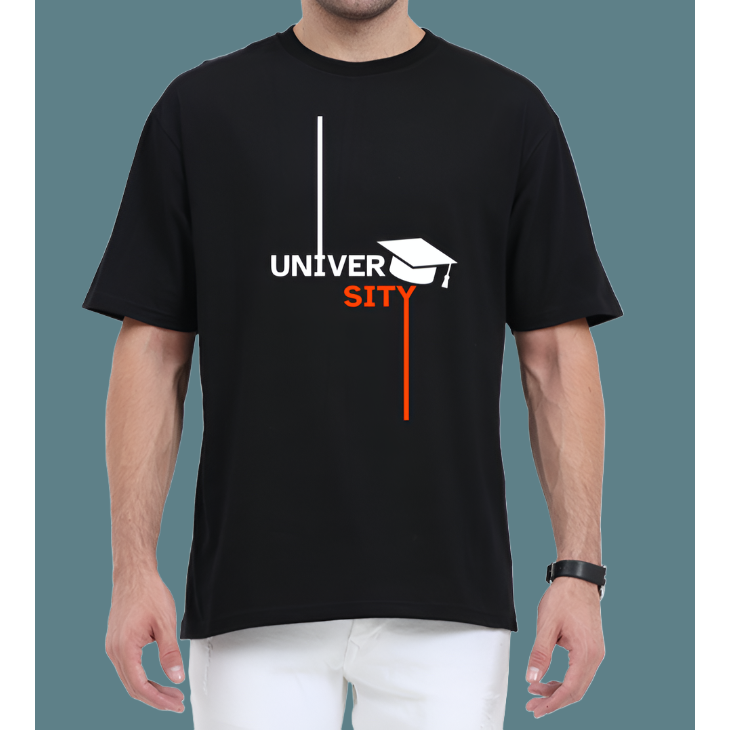 University Printed Cotton Casual Black Oversized Unisex T-Shirt