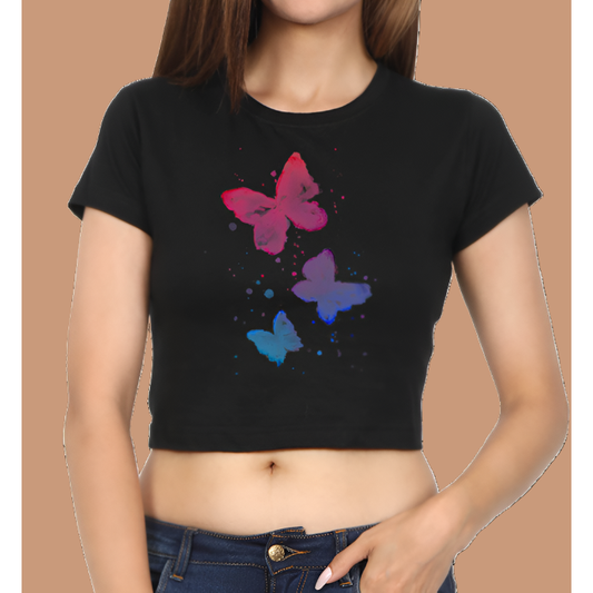 Abstract Butterfly Cotton Blue Women Crop Top